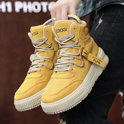 Winter high top men's shoes, sports work casual leather shoes, retro workwear, versatile, trendy casual sports shoes