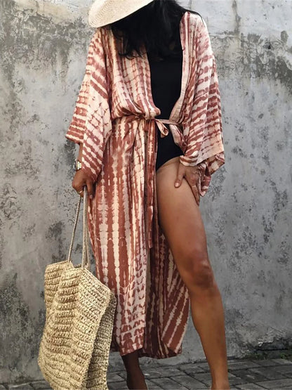 New 11 Colors Printed Long Sleeve With Belt Tunic Beach Cover Up Cover-ups Beach Dress Beach Wear Beachwear Female Women V4521