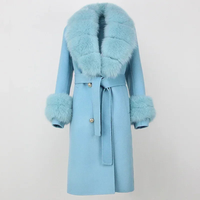 Double Breasted Woolen Jacket Belt Warm Cashmere Real Fur Coat Streetwear New Fashion 2024 Winter Women Long Natural Wool Blends