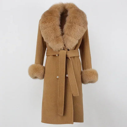 Double Breasted Woolen Jacket Belt Warm Cashmere Real Fur Coat Streetwear New Fashion 2024 Winter Women Long Natural Wool Blends