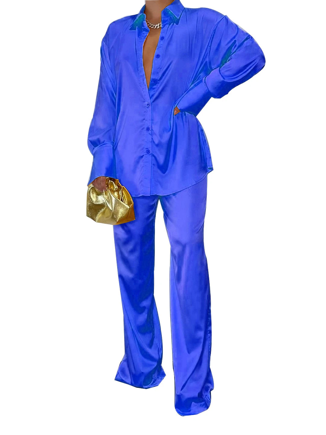 CM.YAYA Elegant Satin Women's Tracksuit Long Sleeve Shirt and Wide Leg Straight Pants Matching Sleepwear Two 2 Piece Set Outfits