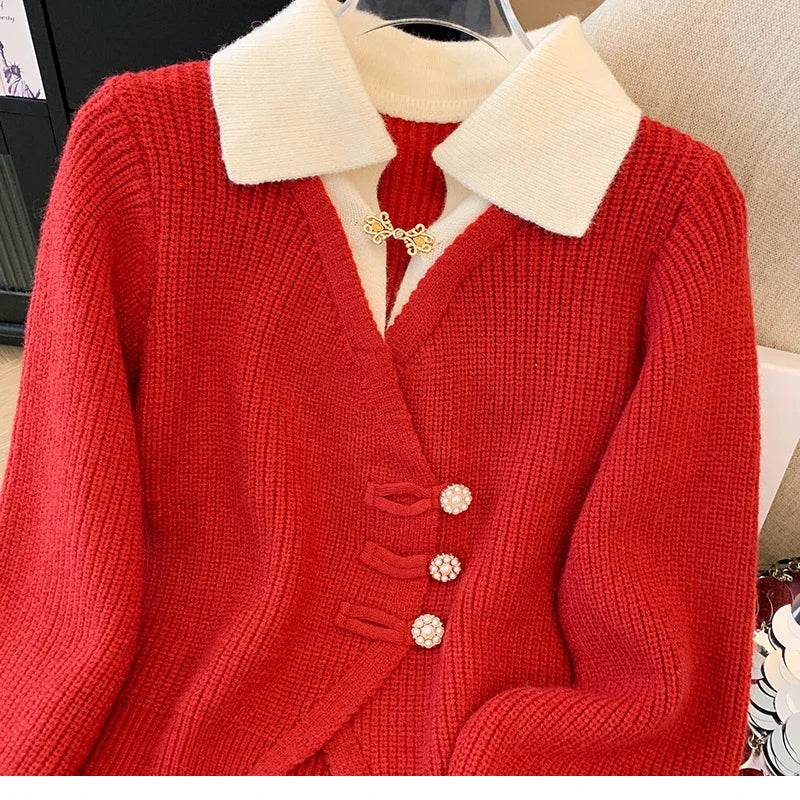 New 2026 Autumn Winter Design Splicing Slim Women Knitted Cardigan Sweater Jacket Fashion Fake Two Items Loose Ladies Top