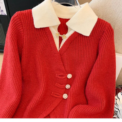 New 2026 Autumn Winter Design Splicing Slim Women Knitted Cardigan Sweater Jacket Fashion Fake Two Items Loose Ladies Top