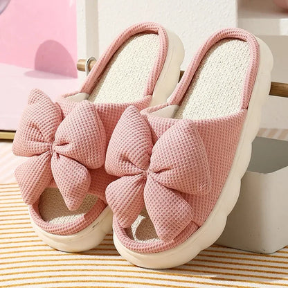Comfortable Linen Slippers Soft and Lightweight Cotton Slippers Cute Bowknot Flat Slipper Couples Slides Home Shoes for Women