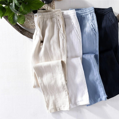 2025 Summer men's Linen pants Thin Breathable Spring solid Beach Trousers for men Elasticated waist white man Casual pants