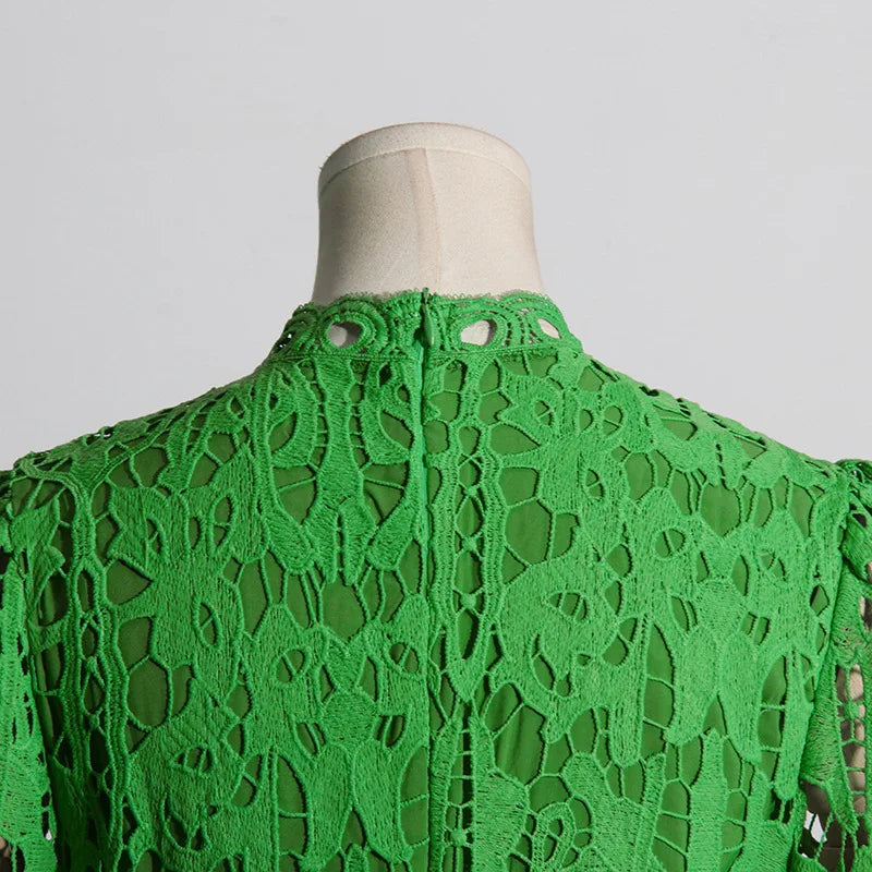 French Elegant Holiday Flower Embroidery Lace Midi Dress Women Lantern Long Sleeve Stand Hollow Out Crochet Party Vestidos