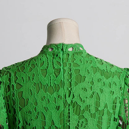 French Elegant Holiday Flower Embroidery Lace Midi Dress Women Lantern Long Sleeve Stand Hollow Out Crochet Party Vestidos