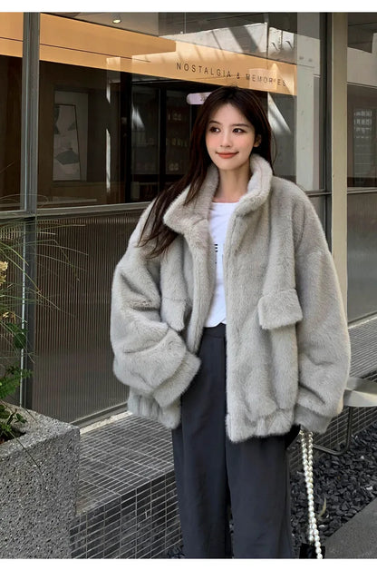 Women Faux Fur Coats Mid Length Jackets Stand Collar Coat Thick Warm Y2k Streetwear Jacket Work Casual Loose Autumn Winter