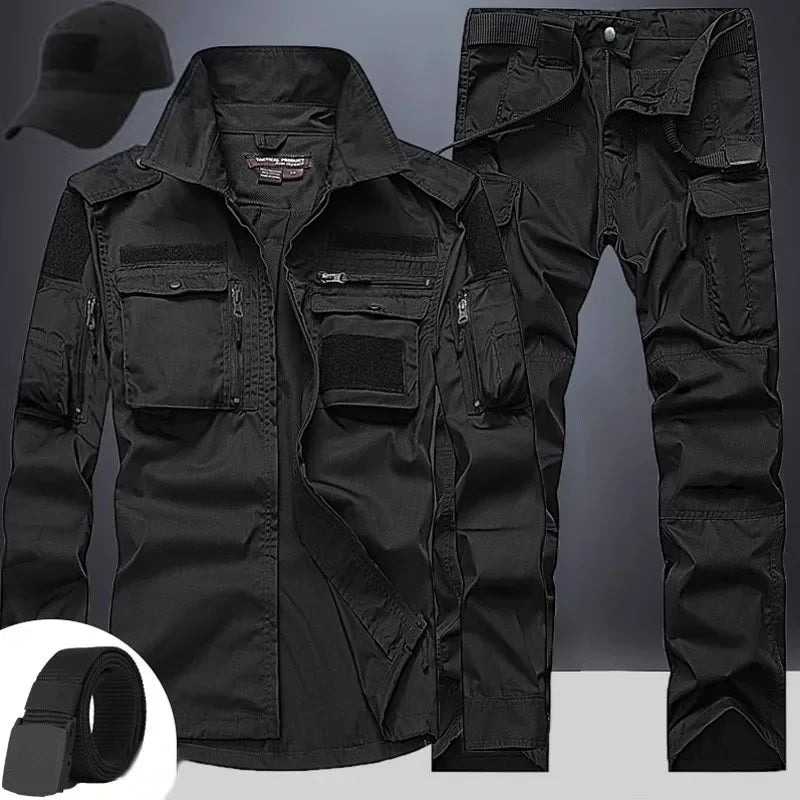 Summer Sets Mens Outdoor Breathable Multiple Pockets Combat Long Sleeve Shirts Cargo Pants Suits Male