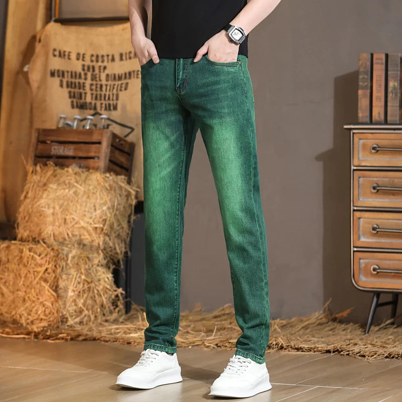 Emerald Green Jeans High-End Embroidery Slim Straight Leg Men Pants Personality Fashion Everything Trend Elastic Denim Pant
