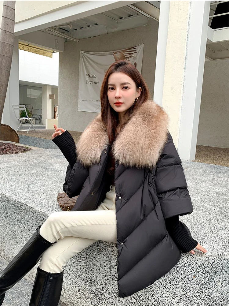 New Female Loose Outerwear Fashion Down Jacket Overcoat Women Winter Coat 90% White Duck Down Jacket With Big Woolen Collar Coat