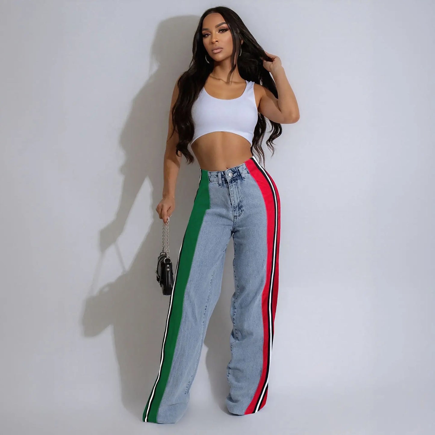 Denim Pants Women Patchwork Spliced Long Pant Mom Straight Button High Waist Casual Jeans Trousers Pocket Lady Y2k Autumn