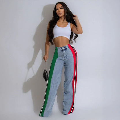 Denim Pants Women Patchwork Spliced Long Pant Mom Straight Button High Waist Casual Jeans Trousers Pocket Lady Y2k Autumn