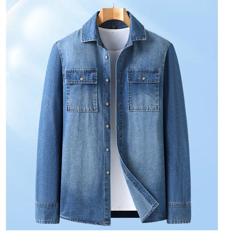 New Autumn Cotton Denim Shirts Men Slim Fit Smart Casual Solid Color Long Sleeve Mens Jeans Shirt  Fashion Male Shirt Black Blu
