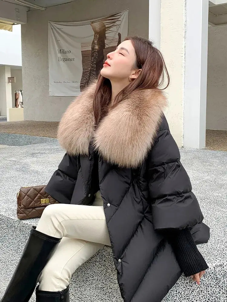 New Female Loose Outerwear Fashion Down Jacket Overcoat Women Winter Coat 90% White Duck Down Jacket With Big Woolen Collar Coat