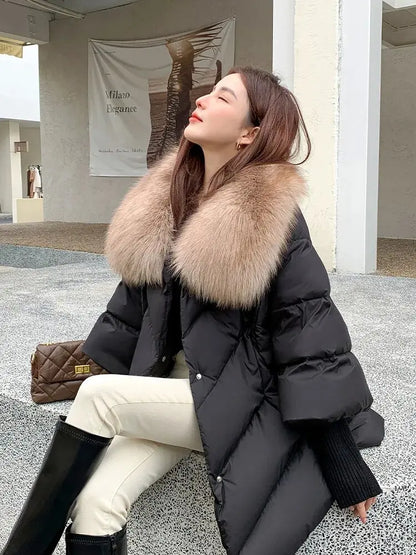 New Female Loose Outerwear Fashion Down Jacket Overcoat Women Winter Coat 90% White Duck Down Jacket With Big Woolen Collar Coat