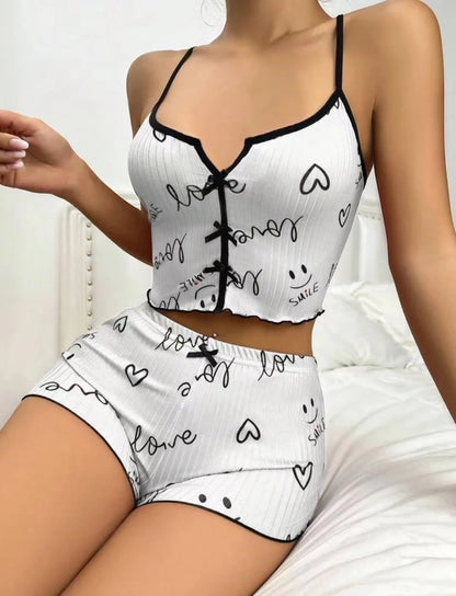 Women's Pajamas Fashion Lace Patchwork Heart Print Bowknot Decoration Sexy Cami Sleepwear Set  Sleeveless V-Neck Summer Lingerie