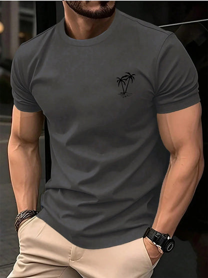 Men's summer 100 cotton fashionable casual loose sports fashionable coconut tree print round neck short sleeved T-shirt top