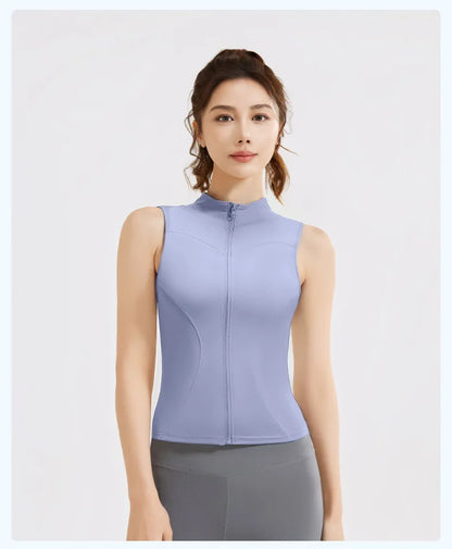 Spring and Summer New Sleeveless Vest Women's Yoga Jacket Slimming Stretch Slim Sports Jacket Standing Collar Zipper Top Fitness