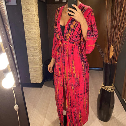 New 11 Colors Printed Long Sleeve With Belt Tunic Beach Cover Up Cover-ups Beach Dress Beach Wear Beachwear Female Women V4521