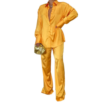 CM.YAYA Elegant Satin Women's Tracksuit Long Sleeve Shirt and Wide Leg Straight Pants Matching Sleepwear Two 2 Piece Set Outfits