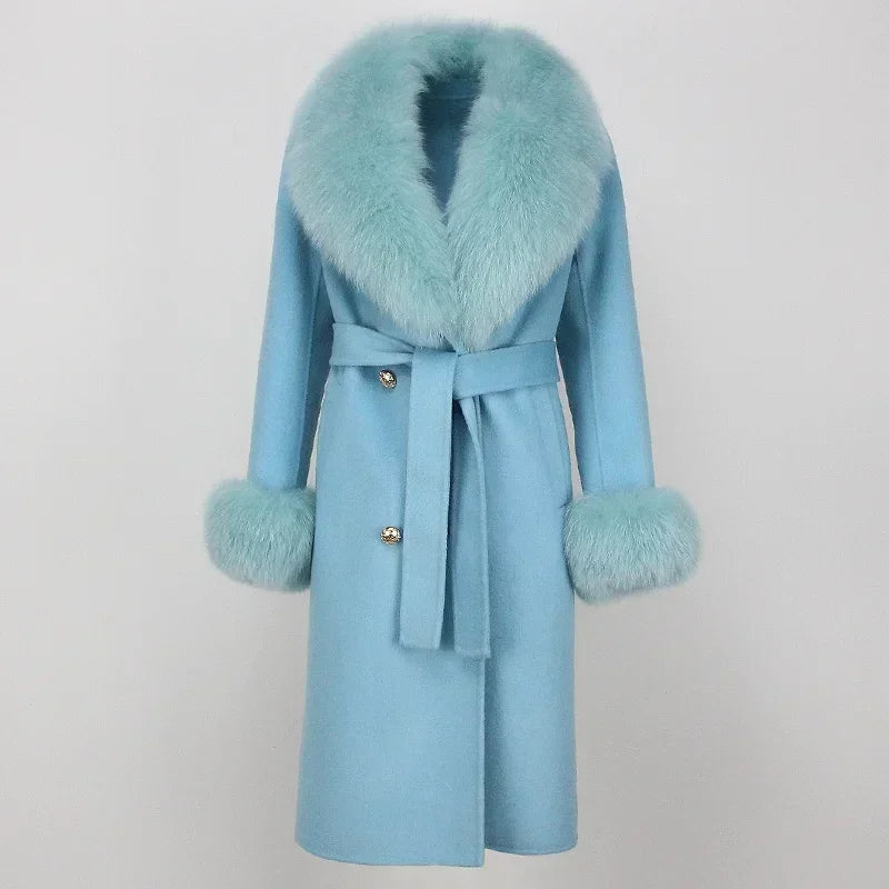 Double Breasted Woolen Jacket Belt Warm Cashmere Real Fur Coat Streetwear New Fashion 2024 Winter Women Long Natural Wool Blends