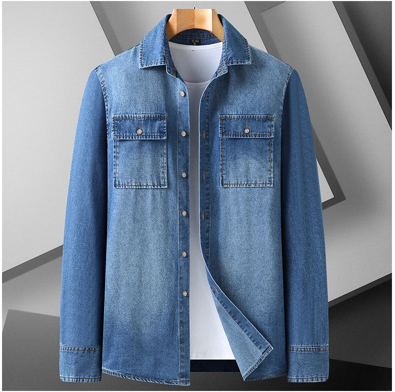 New Autumn Cotton Denim Shirts Men Slim Fit Smart Casual Solid Color Long Sleeve Mens Jeans Shirt  Fashion Male Shirt Black Blu