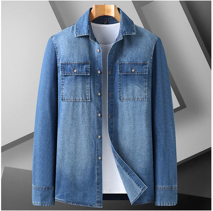 New Autumn Cotton Denim Shirts Men Slim Fit Smart Casual Solid Color Long Sleeve Mens Jeans Shirt  Fashion Male Shirt Black Blu