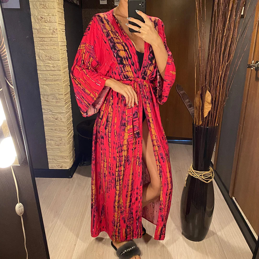 New 11 Colors Printed Long Sleeve With Belt Tunic Beach Cover Up Cover-ups Beach Dress Beach Wear Beachwear Female Women V4521