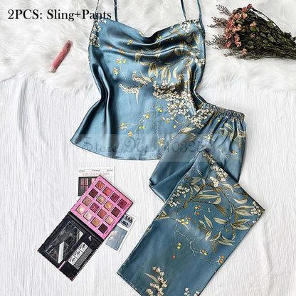 Four Pieces Pajamas Set Printed Little Cherry Sleepwear Women Satin Nightgown With Suspender Sling&Shorts Summer Home Clothes