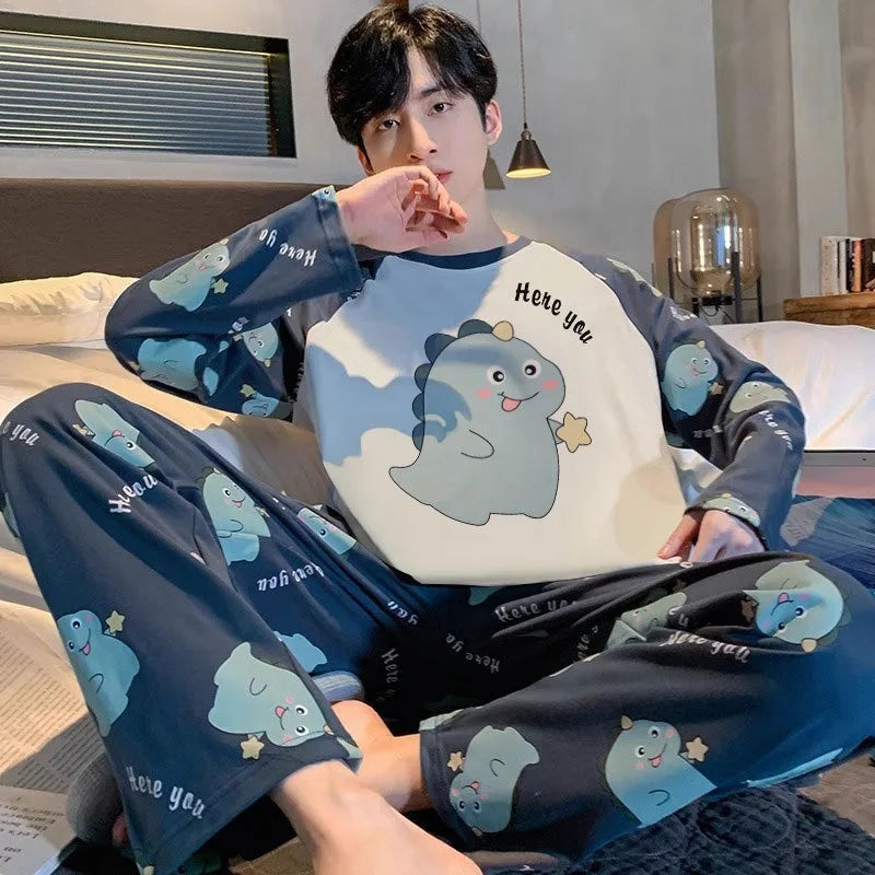 Plus Size Men Pajamas Set Spring and Fall Plaid Solid Color Student Sleepwear Homewear Tops and Pants Nightwear Loungewear