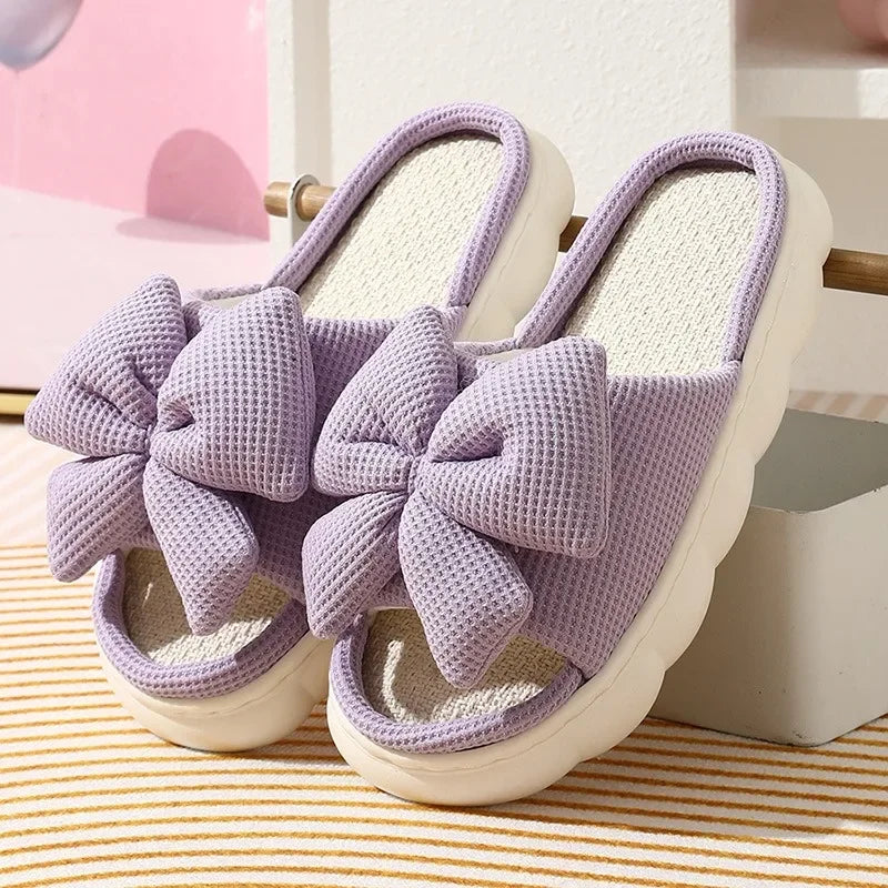 Comfortable Linen Slippers Soft and Lightweight Cotton Slippers Cute Bowknot Flat Slipper Couples Slides Home Shoes for Women