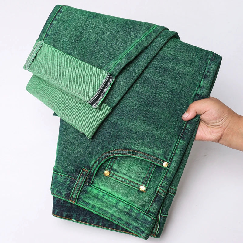 Emerald Green Jeans High-End Embroidery Slim Straight Leg Men Pants Personality Fashion Everything Trend Elastic Denim Pant