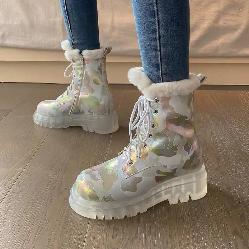Krazing Pot Ins Cold-resistant Warm Long Plush Sheep Leather Snow Boots Thick Heel Casual Winter Platform Camouflage Ankle Boots