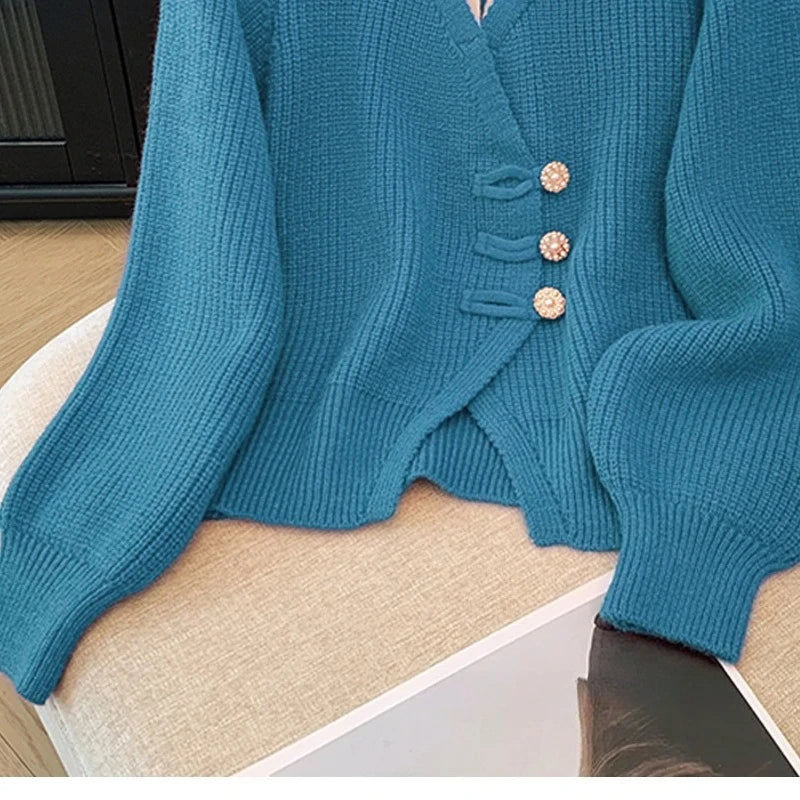 New 2026 Autumn Winter Design Splicing Slim Women Knitted Cardigan Sweater Jacket Fashion Fake Two Items Loose Ladies Top