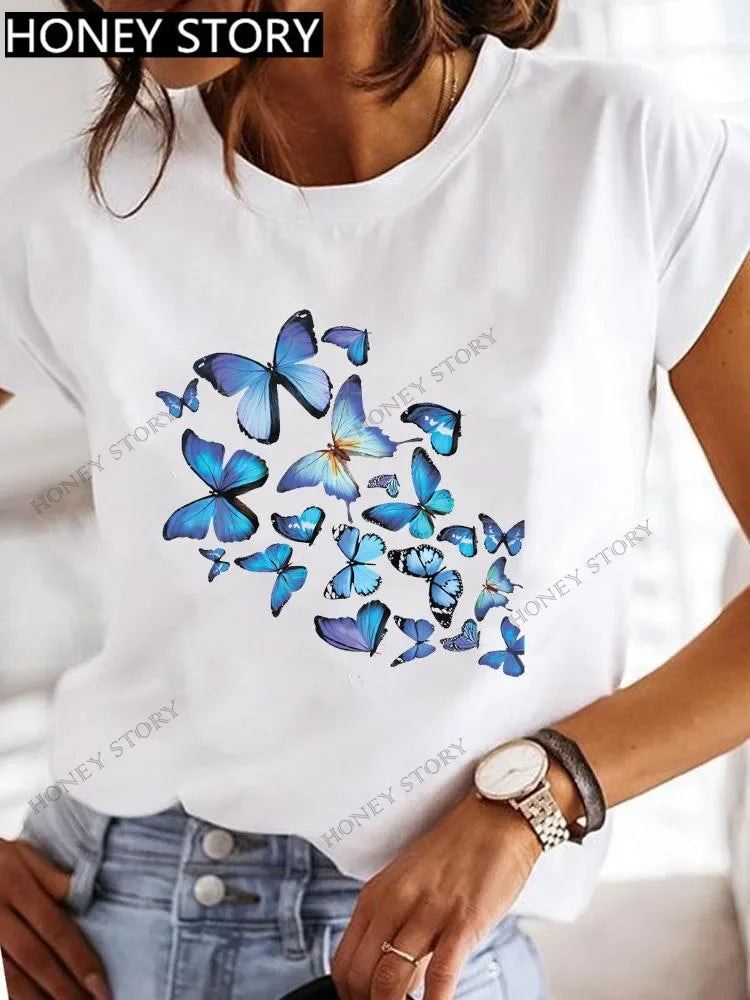 Dragonfly Butterfly Print Base Top Loose Women's Short-sleeved T-shirt Round Neck Oversized T Shirt  Women Clothes TEE
