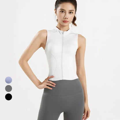 Spring and Summer New Sleeveless Vest Women's Yoga Jacket Slimming Stretch Slim Sports Jacket Standing Collar Zipper Top Fitness