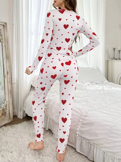Women's Autumn Winter Pyjama Set, Heart Print Long Sleeve T-shirt and Long Pants Set Loungewear Female Sleepwear