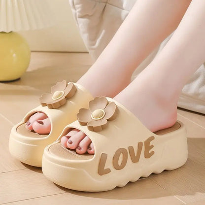 New pink flower high heel slipper women's outdoor slides sweet backless beach shoes woman flat platform mules elevator slippers