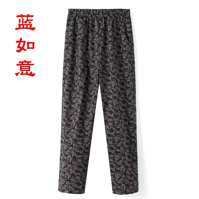 8XL 9XL Middle-aged Women Trousers New Print Elasti High Waist Casual Pants Spring and Autumn Straight Pants Oversize Grandma Pa