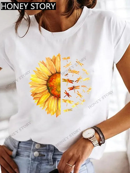 Dragonfly Butterfly Print Base Top Loose Women's Short-sleeved T-shirt Round Neck Oversized T Shirt  Women Clothes TEE