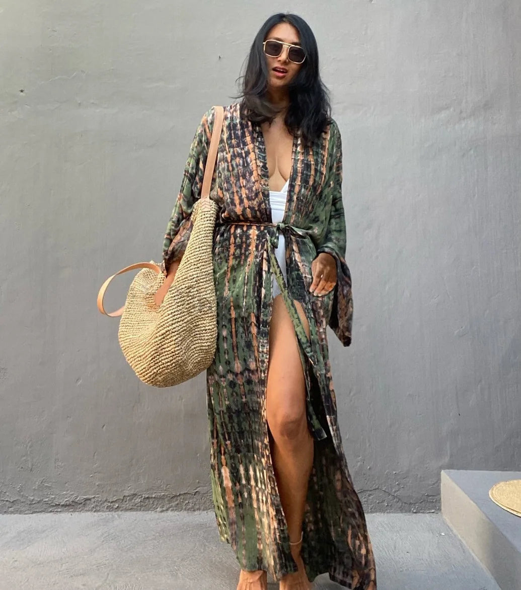 Beach Cover Ups Women Tie Dye Printed Kimono Cardigan Self Belted Wrap Dresses Summer Holiday Bathing Suits