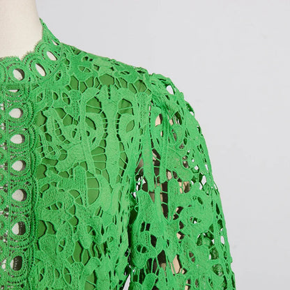 French Elegant Holiday Flower Embroidery Lace Midi Dress Women Lantern Long Sleeve Stand Hollow Out Crochet Party Vestidos