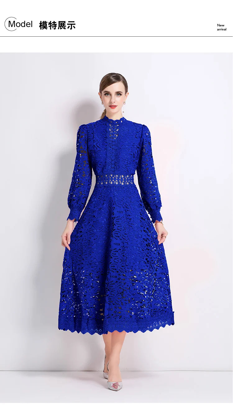 French Elegant Holiday Flower Embroidery Lace Midi Dress Women Lantern Long Sleeve Stand Hollow Out Crochet Party Vestidos