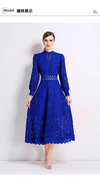 French Elegant Holiday Flower Embroidery Lace Midi Dress Women Lantern Long Sleeve Stand Hollow Out Crochet Party Vestidos