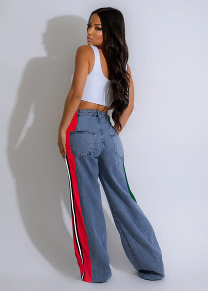 Denim Pants Women Patchwork Spliced Long Pant Mom Straight Button High Waist Casual Jeans Trousers Pocket Lady Y2k Autumn
