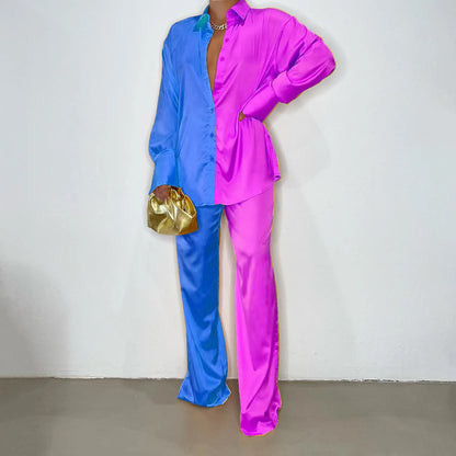 CM.YAYA Elegant Satin Women's Tracksuit Long Sleeve Shirt and Wide Leg Straight Pants Matching Sleepwear Two 2 Piece Set Outfits