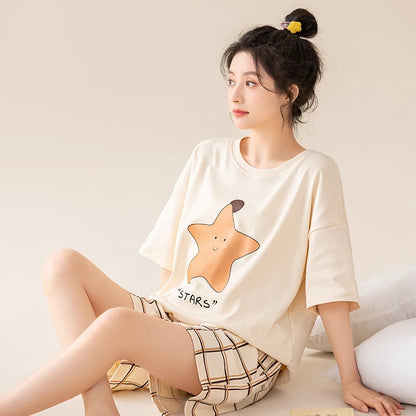 Couple Pajamas Set Summer Short-Sleeved Sleepwear 100% Cotton Men and Women Pyjamas