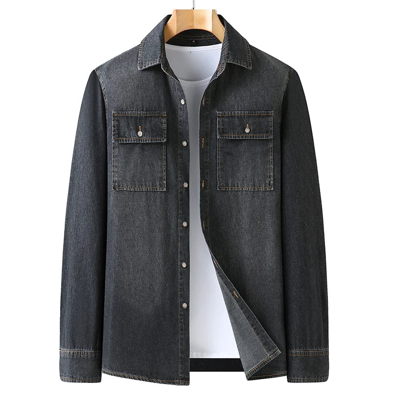 New Autumn Cotton Denim Shirts Men Slim Fit Smart Casual Solid Color Long Sleeve Mens Jeans Shirt  Fashion Male Shirt Black Blu