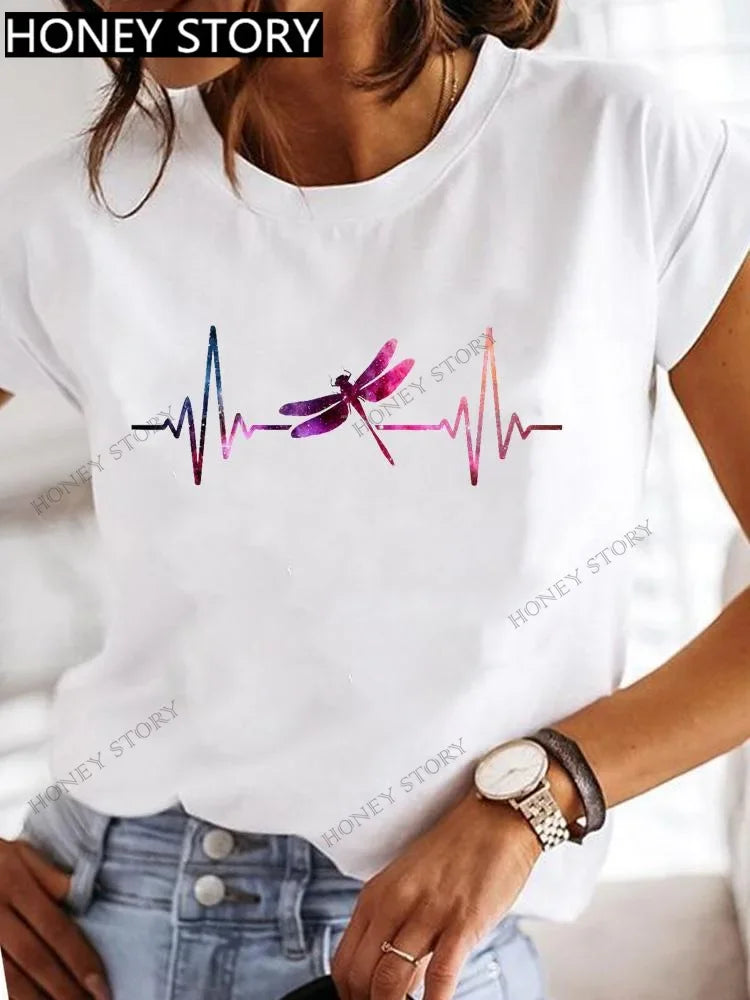 Dragonfly Butterfly Print Base Top Loose Women's Short-sleeved T-shirt Round Neck Oversized T Shirt  Women Clothes TEE